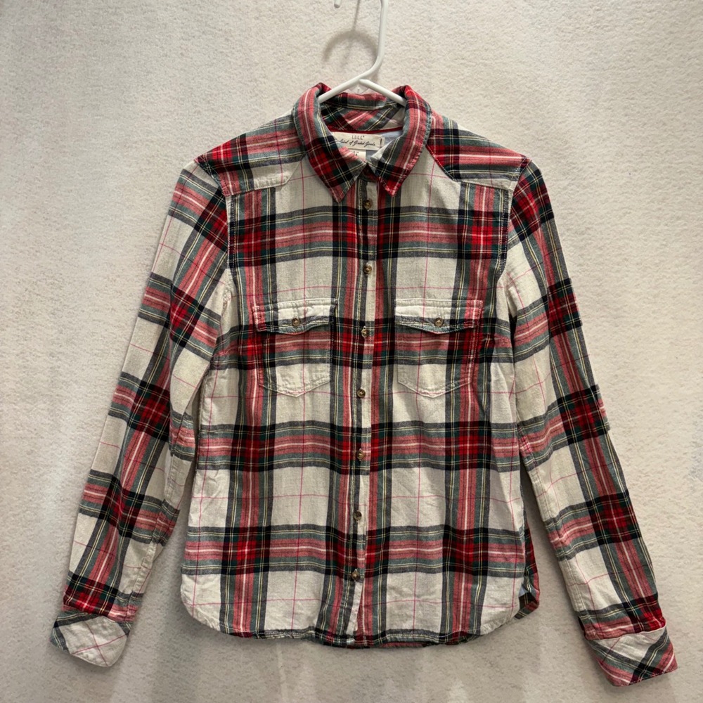 LOGG H&M Womens 8 Red Plaid Flannel Button Down Shirt Corduroy Patches Preppy - Picture 2 of 10
